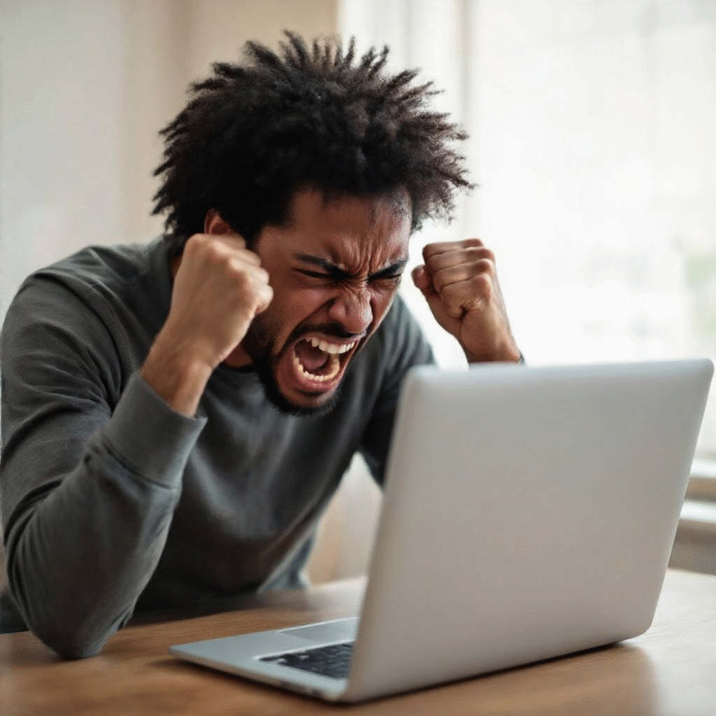 Frustrated person at computer. Online anger management classes can help.