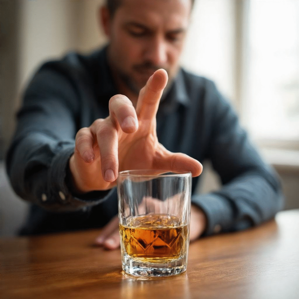 Sinclair Method: A person reaching for a drink, then pulling their hand back, suggesting control.